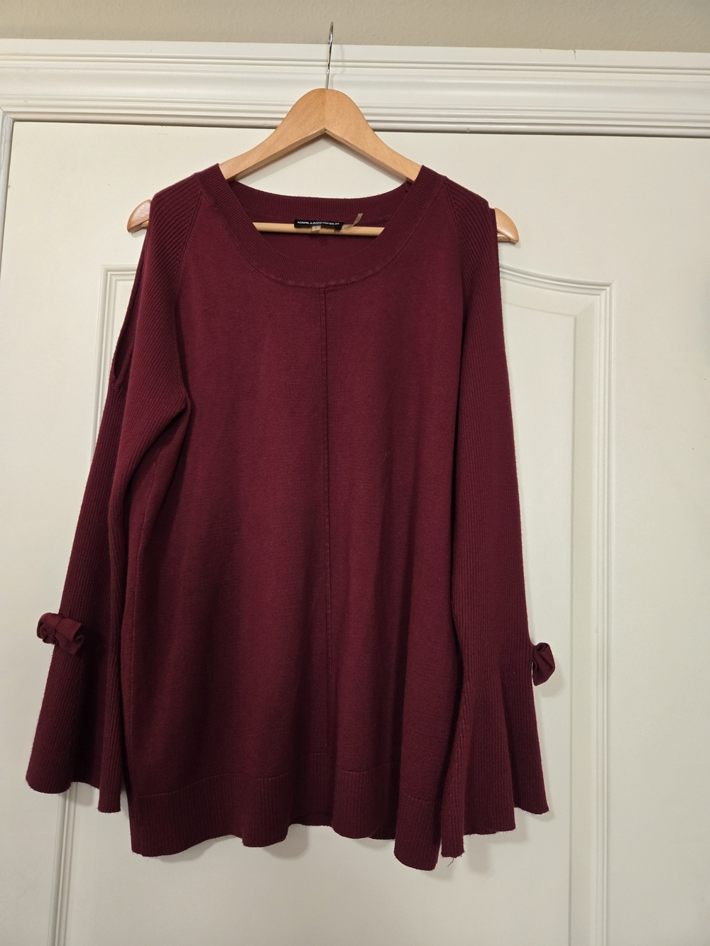 Karl Lagerfeld Burgundy Bell-Sleeve With Bow Cold Shoulder Knit Sweater